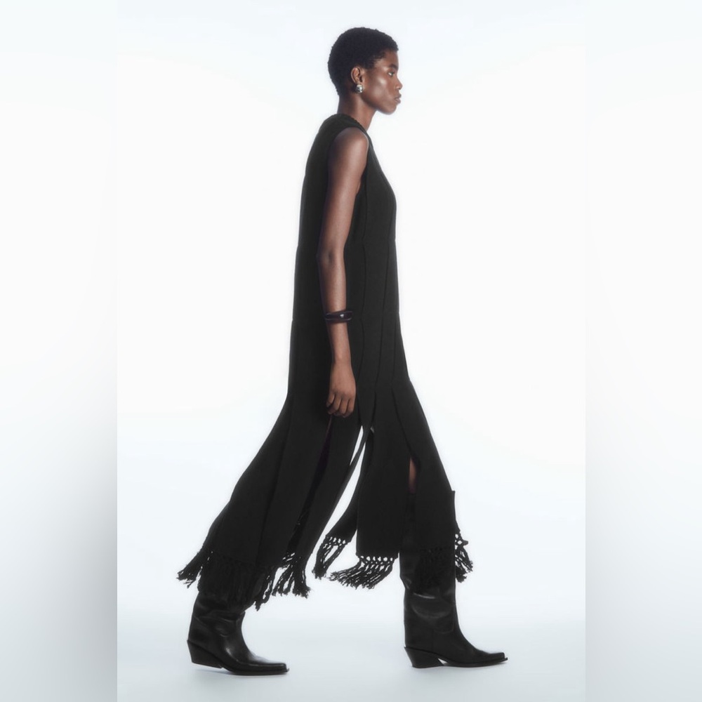 COS Fringed Panelled Wool Midi Dress black tassel knit  designer minimal sweater - Picture 3 of 15